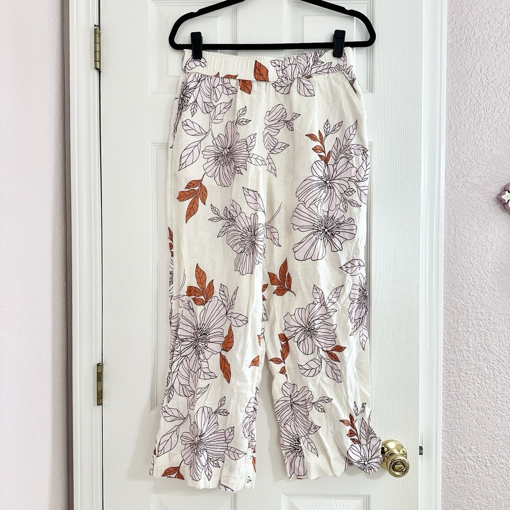 Rachel Roy 100% Linen Wide Straight Leg Pants Floral White Pockets Band Wms Sz M